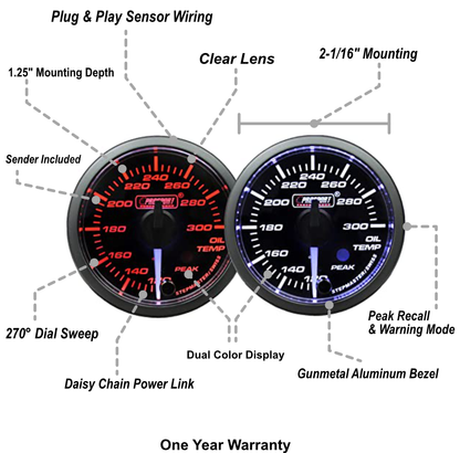 Prosport Gauges - 2-1/16" Premium White pointer Clear Lens Amber/White Oil Temperature Gauge-