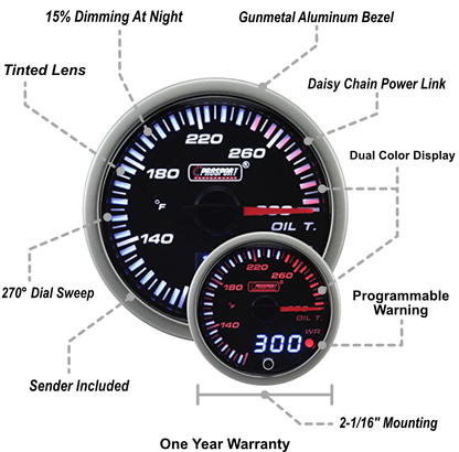 Prosport Gauges - 2-1/16" JDM Electrical Oil Temperature Gauge