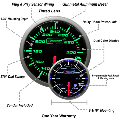 Prosport Gauges - 2-1/16" Green/White Premium Oil Temperature Gauge