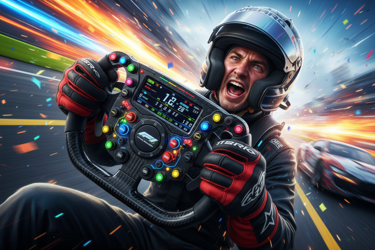 racing steering wheel with crazy driver