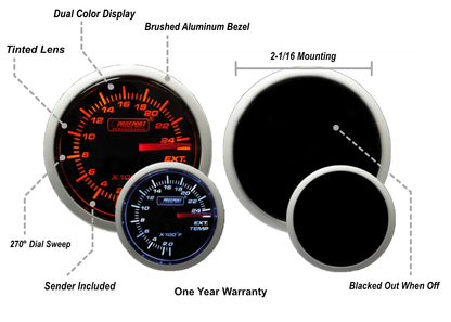 Prosport Gauges - 2-1/16" Amber / White - Electrical Exhaust Gas Temperature Gauge