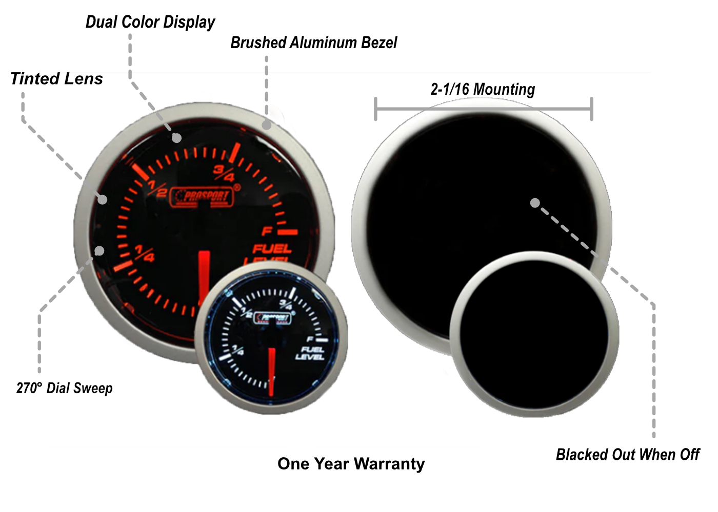 Prosport Gauges - 2-1/16" Amber / White - Fuel Level Gauge