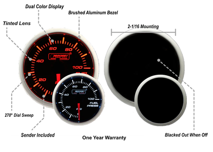 Prosport Gauges - 2-1/16" Amber / White -  Fuel Pressure Gauge