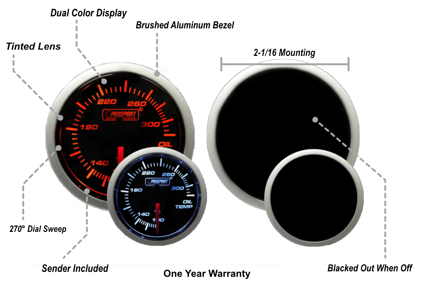 Prosport Gauges - 2-1/16" Amber / White - Electric Oil Temperature Gauge
