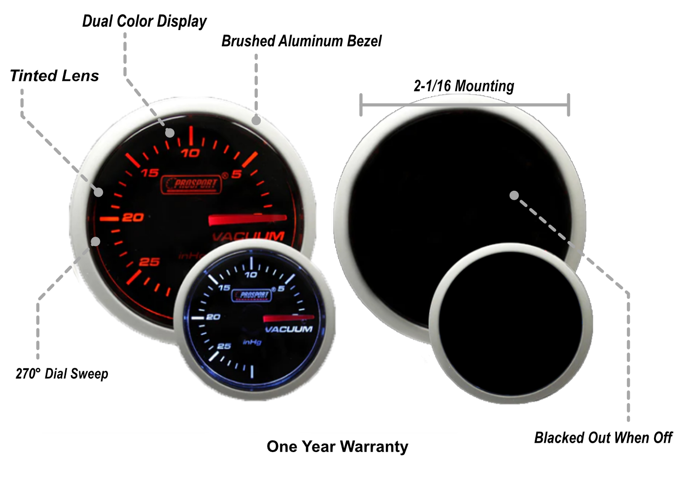 Prosport Gauges - 2-1/16" Amber / White Vacuum