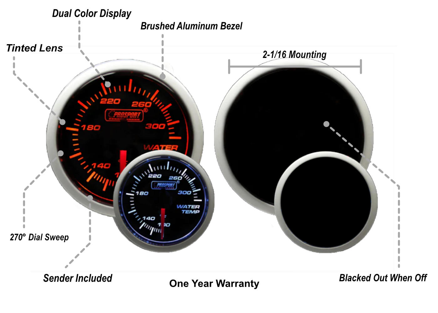 Prosport Gauges - 2-1/16" Amber / White - Electric Water Temperature Gauge