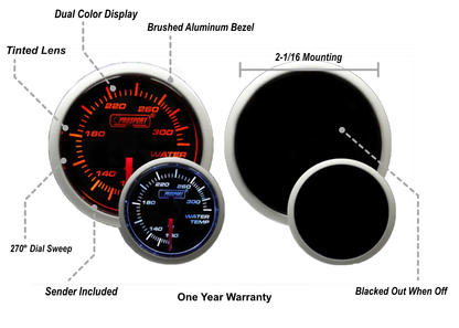Prosport Gauges - 2-1/16" Amber / White - Electric Water Temperature Gauge