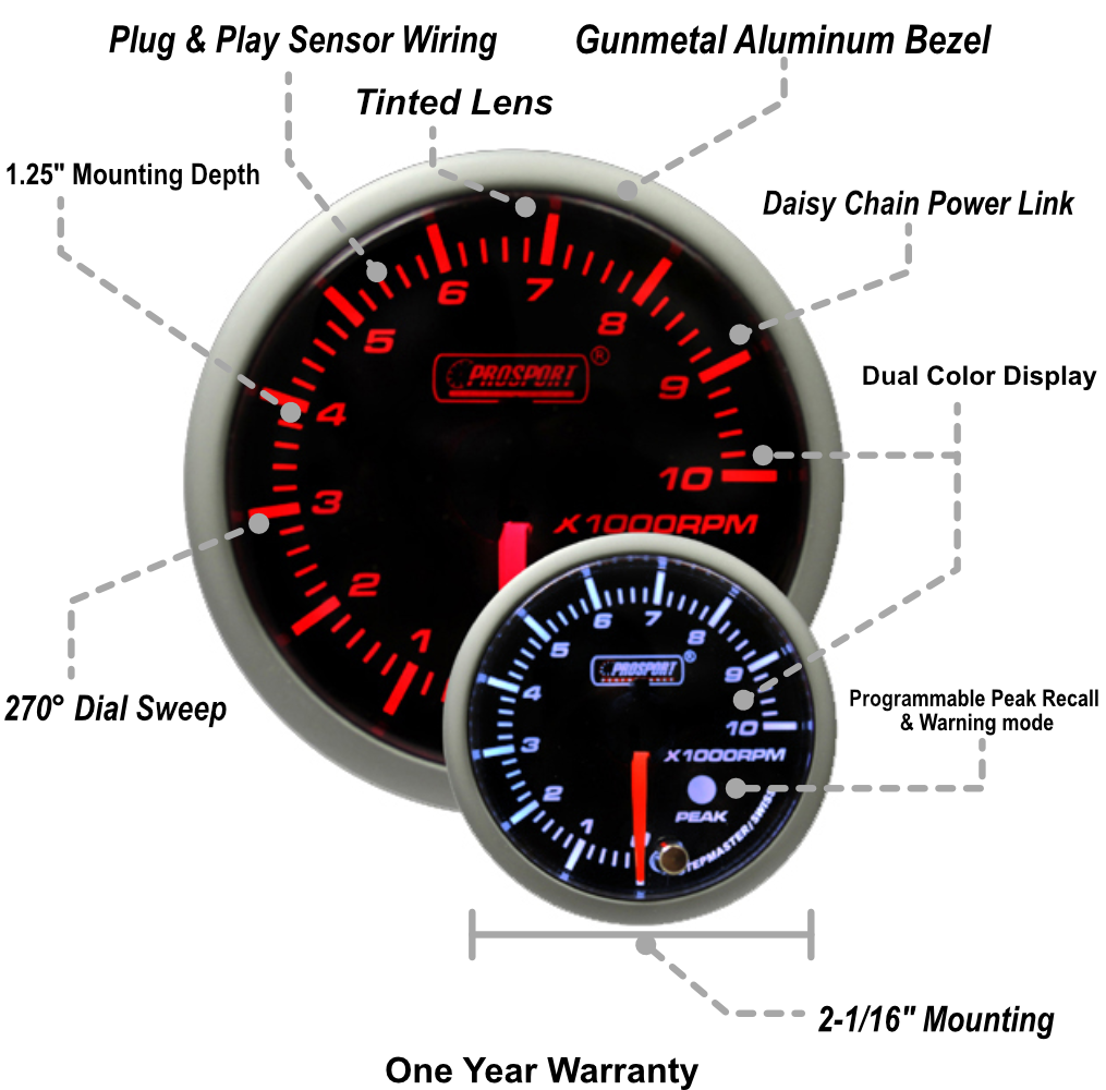 Prosport Gauges - 2-1/16" Premium Amber / White Tachometer