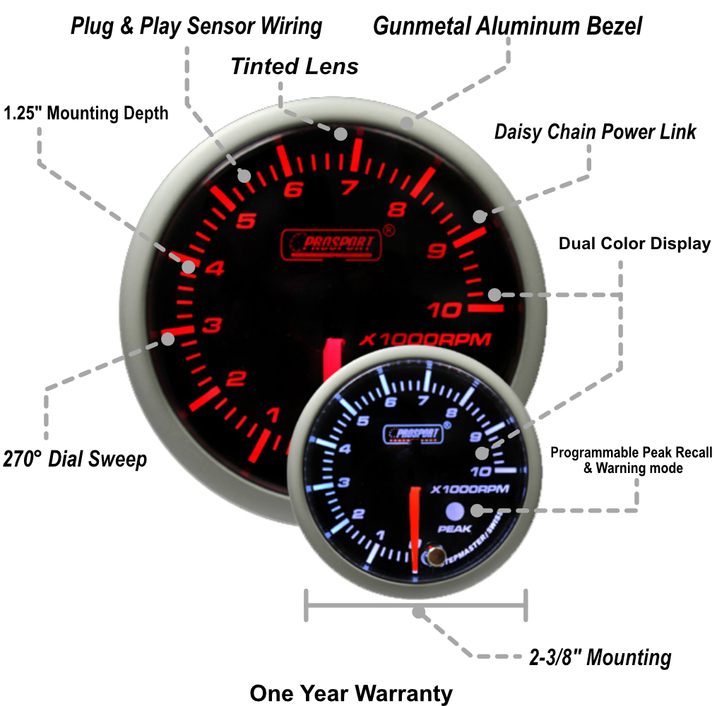 Prosport Gauges - 2-3/8" Amber/White Premium Tachometer