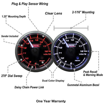 Prosport Gauges - 2-1/16" White Pointer Amber/White Clear Lens Premium Volt Gauge