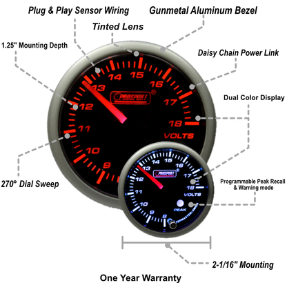 Prosport Gauges - 2-1/16" Premium Amber / White Volt Gauge