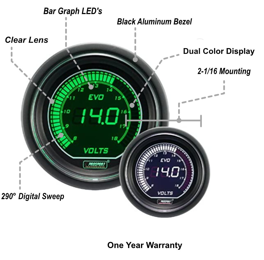 Prosport Gauges - 2-1/16" Evo Electrical White Green Volt Gauge