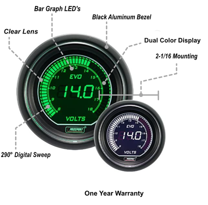 Prosport Gauges - 2-1/16" Evo Electrical White Green Volt Gauge