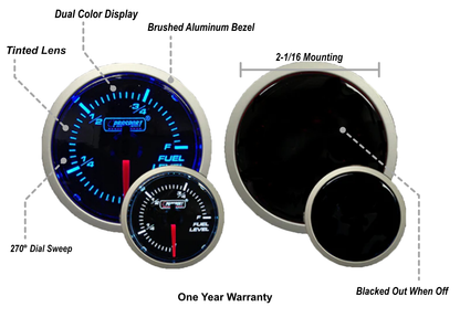 Prosport Gauges - Blue / White - 2-1/16" Fuel Level Gauge