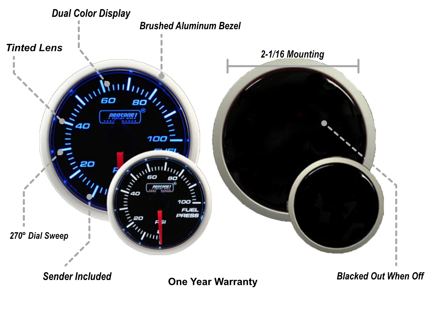 Prosport Gauges - 2-1/16" Blue/White Fuel Pressure
