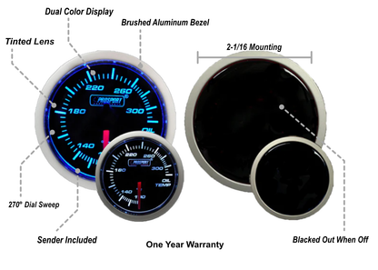 Prosport Gauges - 2-1/16" Blue/White Electrical Oil Temperature Gauge