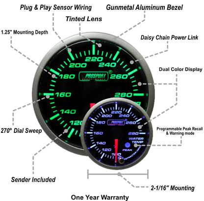 Prosport Gauges - 2-1/16" Premium Water Temperature Green/White