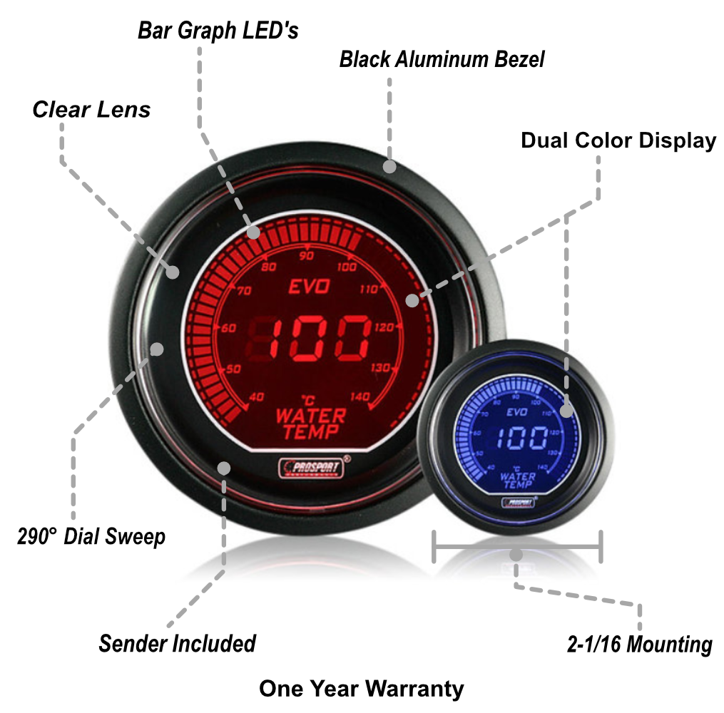 Prosport Gauges - 2-1/16" Evo Electrical Water Temperature Gauge-Celsius