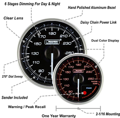 Prosport Gauges - 2-1/16" Supreme Series Electrical Water Temperature Gauge