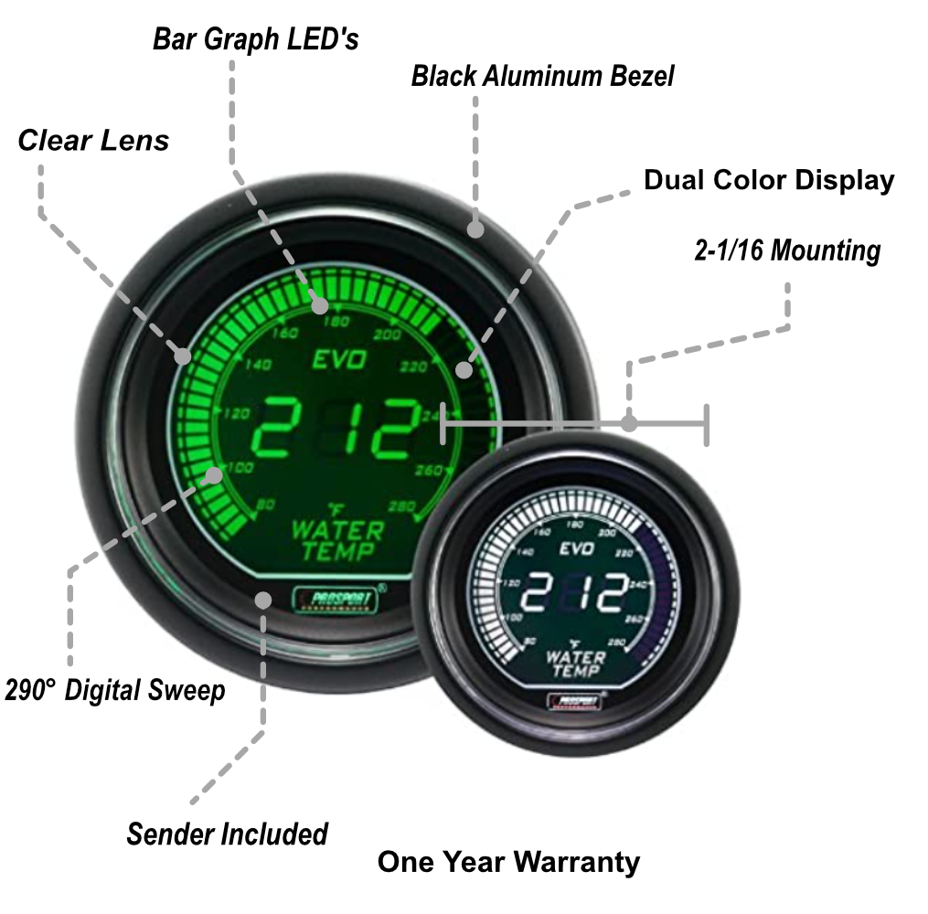 Prosport Gauges - 2-1/16" Evo Electrical Green and White Water Temperature Gauge-