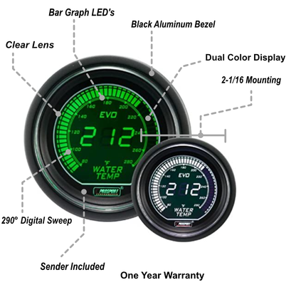 Prosport Gauges - 2-1/16" Evo Electrical Green and White Water Temperature Gauge-