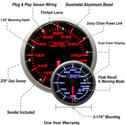 Prosport Gauges - 2-1/16" Premium Amber / White Water Temperature