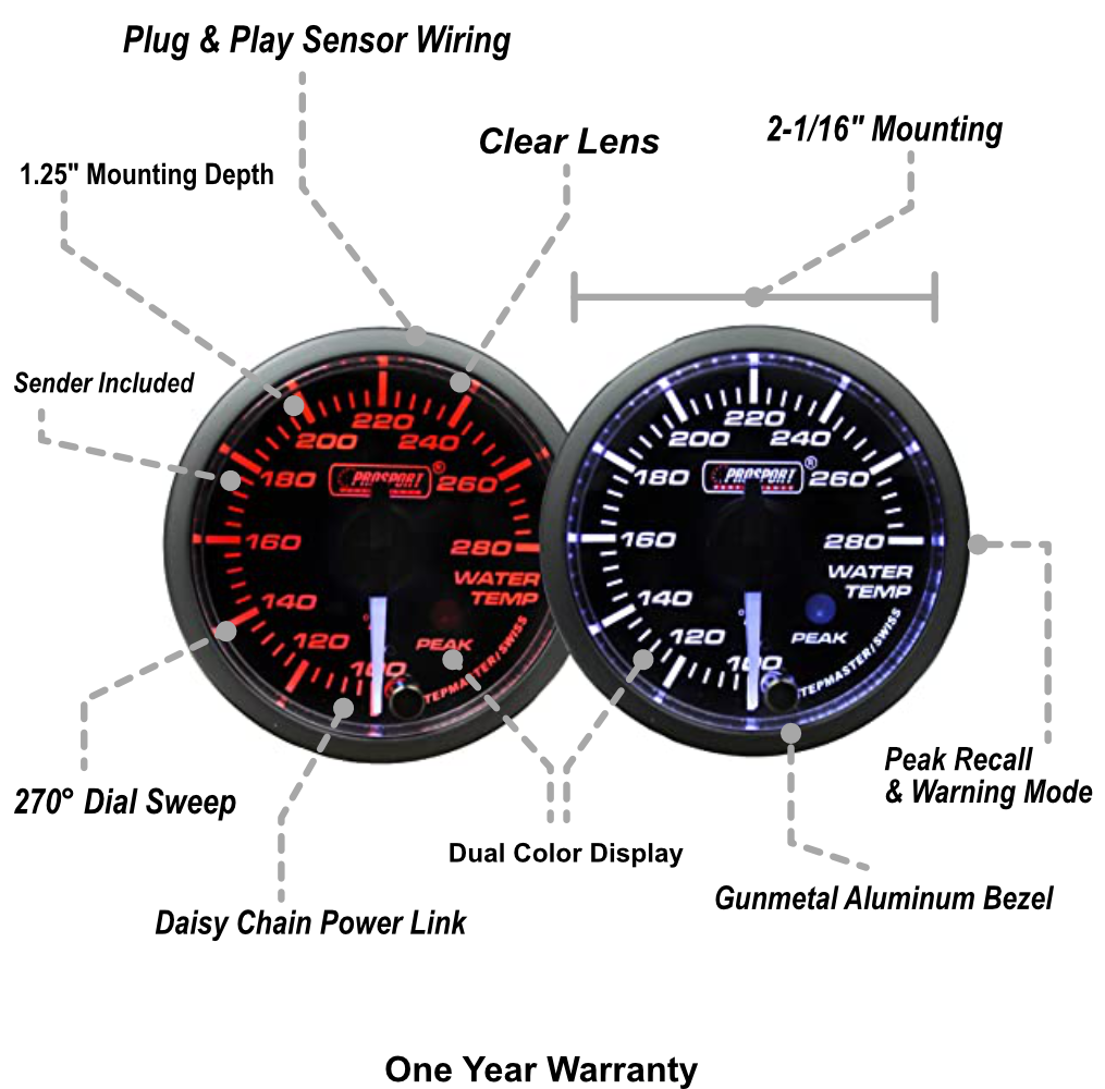 Prosport Gauges - 2-1/16" Premium White Pointer Clear Lens Amber/White Water Temperature
