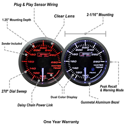 Prosport Gauges - 2-1/16" Premium White Pointer Clear Lens Amber/White Water Temperature