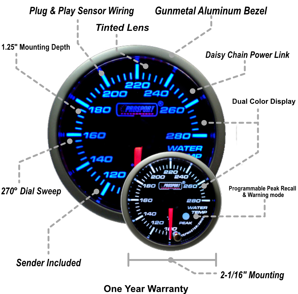 Prosport Gauges - 2-1/16" Premium Blue/White Water Temperature