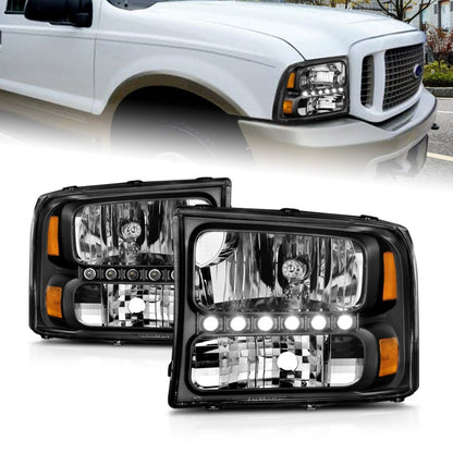 ANZO 2000-2004 Ford Excursion Faróis de cristal preto com LED 1pc