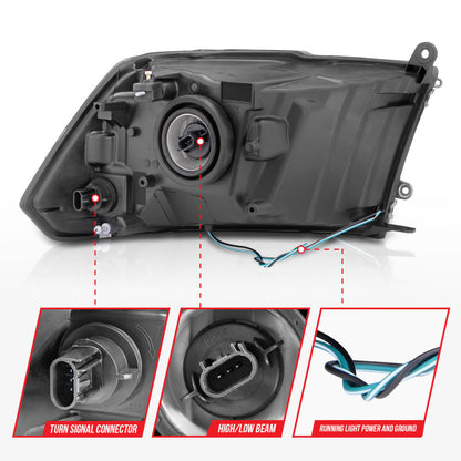 ANZO 2009-2018 Dodge Ram 1500 Faros delanteros de cristal con barra de luz carcasa negra