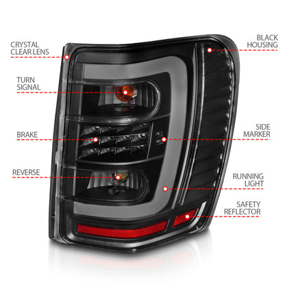 Lanternas traseiras de LED ANZO 1999-2004 Jeep Grand Cherokee com barra de luz preta com lentes transparentes