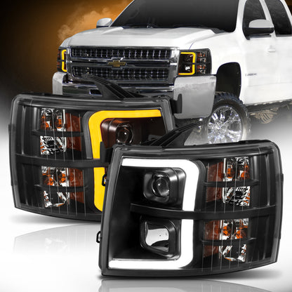 ANZO 07-13 Chevrolet Silverado 1500 Faros delanteros estilo tablón proyector negro con ámbar