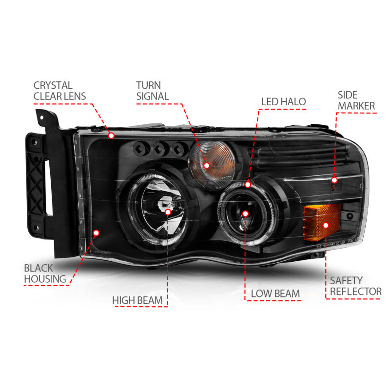 ANZO 2002-2005 Dodge Ram 1500 Projetor Faróis c/ halo preto claro âmbar