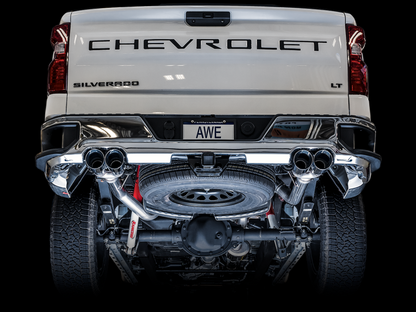 AWE Tuning 4th Gen GM 1500 5.3L 0FG Catback Split Saída traseira (com recortes de pára-choques) - pontas cromadas quádruplas