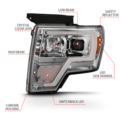 Projetor ANZO 2009-2013 Ford F-150 Barra de luz G4 Switchback HL Chrome Amber