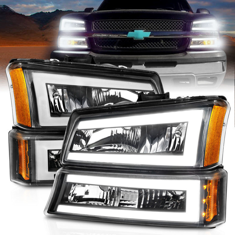 ANZO 2003-2006 Chevrolet Silverado 1500 Faros delanteros de cristal con barra de luz carcasa negra