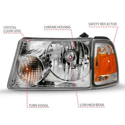 ANZO 2001-2011 Ford Ranger Crystal Headlight cromado con luces de esquina (reemplazo OE)