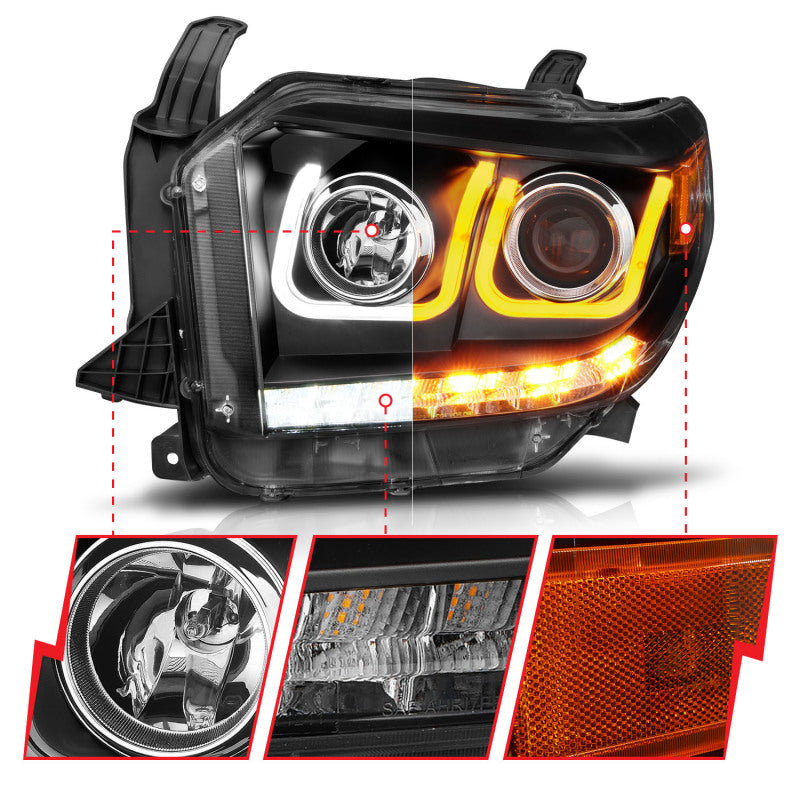 ANZO 14-18 Toyota Tundra w/ LED DRL Projector Headlights w/ U-Bar Switchback Black w/ DRL