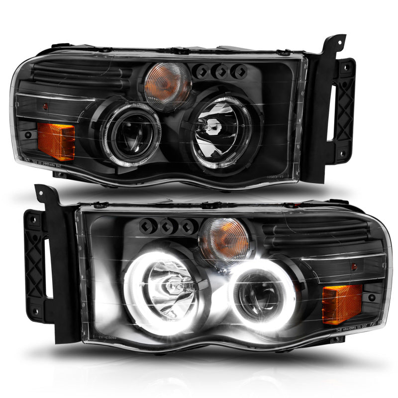 ANZO 2002-2005 Dodge Ram 1500 Projetor Faróis c/ halo preto claro âmbar