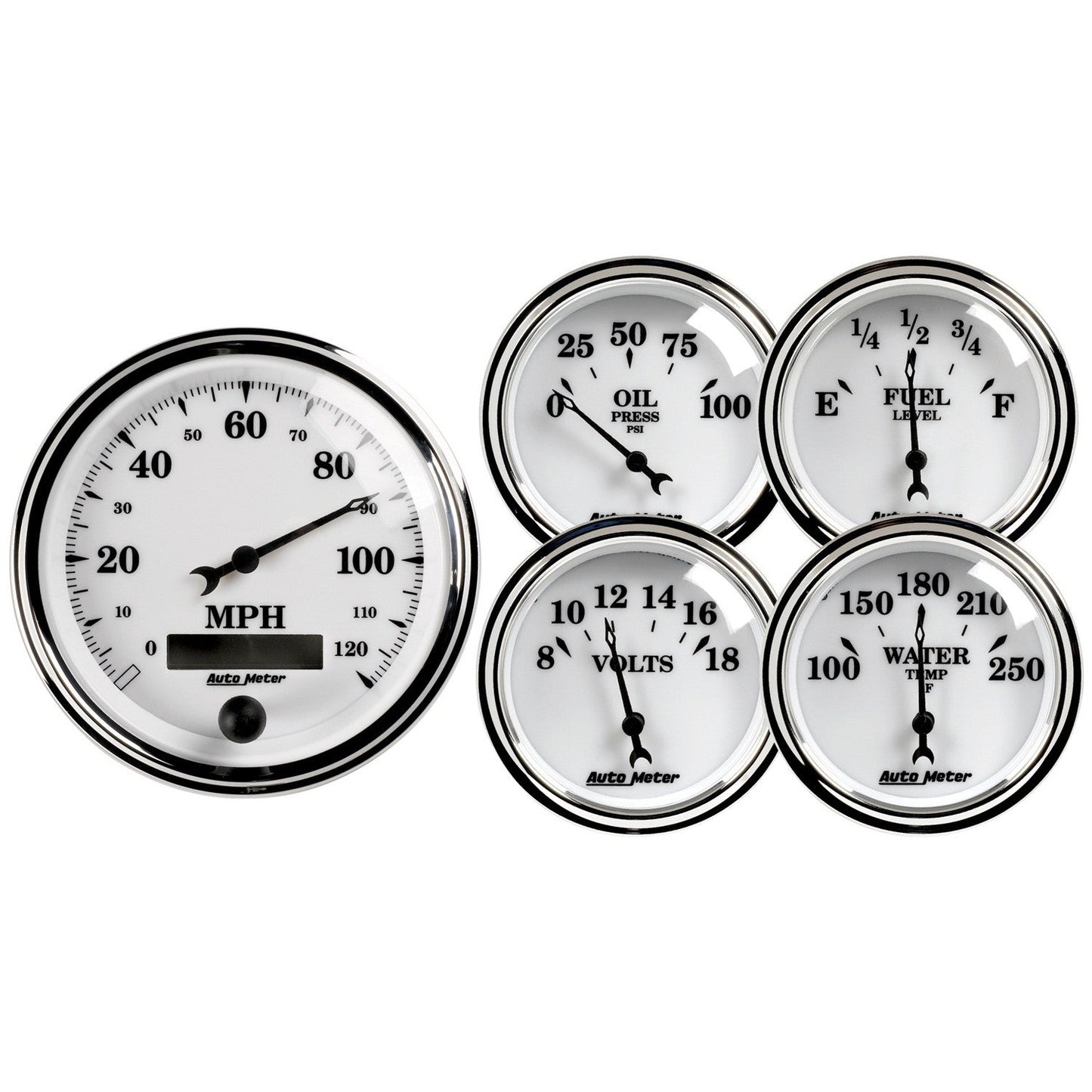 AutoMeter - 5 PC. GAUGE KIT, 3-3/8" & 2-1/16", ELECTRIC SPEEDOMETER, OLD TYME WHITE II (1200)