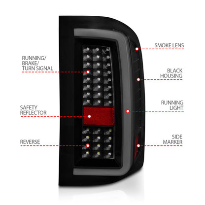 ANZO 2007-2013 Chevrolet Silverado 1500/ 2500/ 3500 Lanternas traseiras de LED com barra de luz Caixa preta fumaça