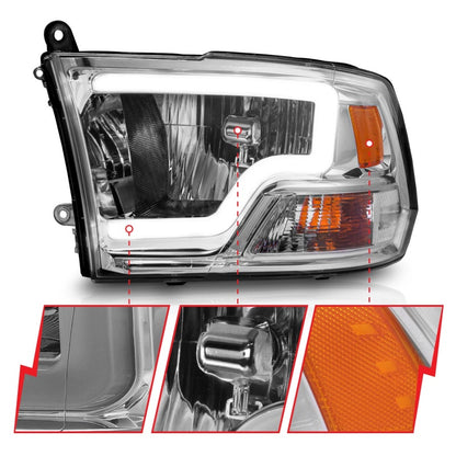ANZO 2009-2018 Dodge Ram 1500/ 2500/ 3500 Faróis de cristal com barra de luz carcaça cromada