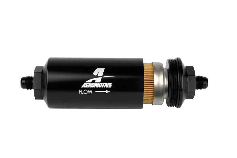 Filtro en línea Aeromotive - (AN-6 macho) Elemento de tela de 10 micras Acabado en negro brillante