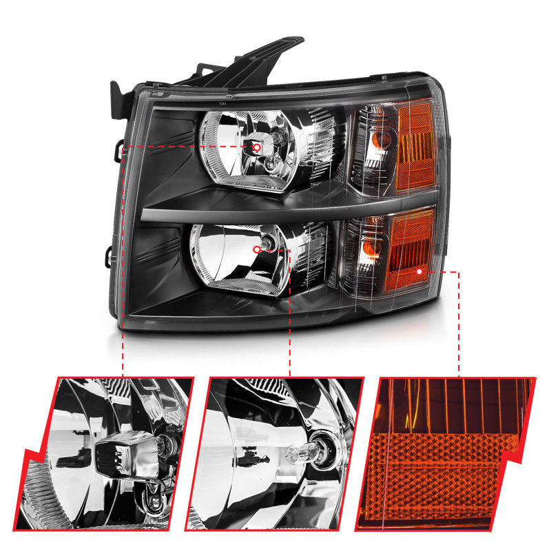 ANZO 2007-2013 Chevrolet Silverado Faróis de cristal preto