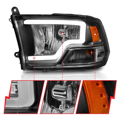 ANZO 2009-2018 Dodge Ram 1500 Faros delanteros de cristal con barra de luz carcasa negra