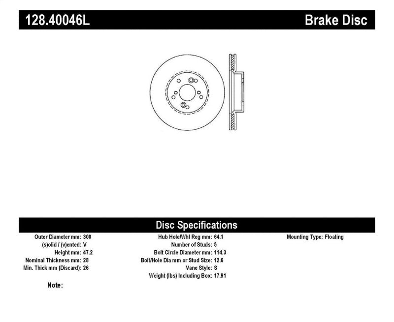 StopTech 99-08 Acura TL (calibre STD) / 01-03 CL / 04-09 TSX Rotor delantero izquierdo perforado en cruz