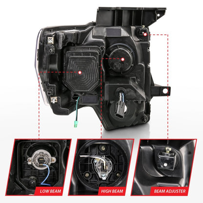 ANZO 2009-2014 Ford F-150 projetor barra de luz HL preto âmbar