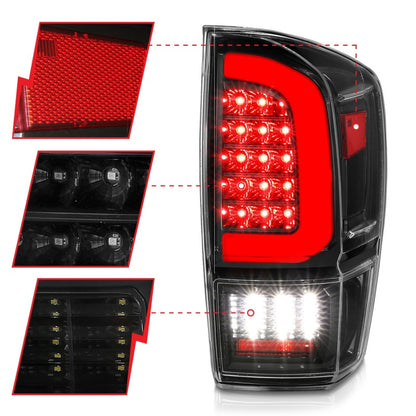 Lanternas traseiras de LED ANZO 16-21 Toyota Tacoma - com barra de luz preta sequencial e lentes transparentes