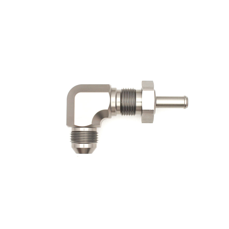 DeatschWerks 8AN Male Flare To 5/16in. Adaptador macho de anteparo rebarbado de 90 graus (incl. porca)